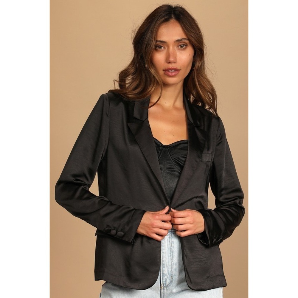 Lulus Trending Up Black Satin Blazer - Size L